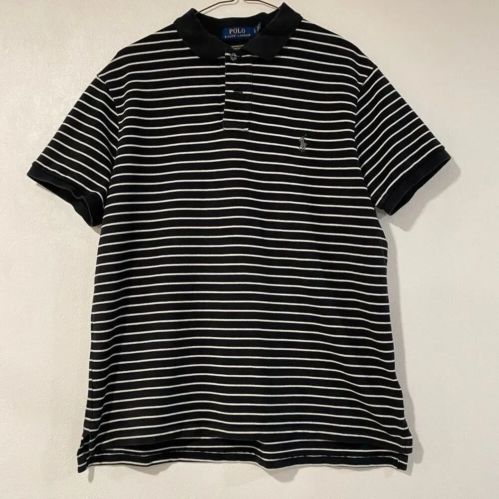 Polo Ralph Lauren Custom Slim Fit Striped Polo Shirt Mens Medium Black Stretch M